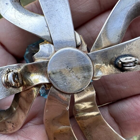 VTG Sterling Silver Ribbon Blue Aqua Glass Stone Brooch MCM 4" Retro 29.4g - Picture 4 of 7